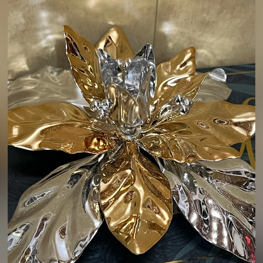 Vintage 7 inch Department 56 Gold and Silver Poinsettia Taper Candle Holder
